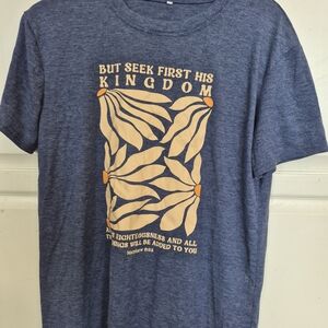 Christian Graphic Tee - Blue with Cream & Orange Print